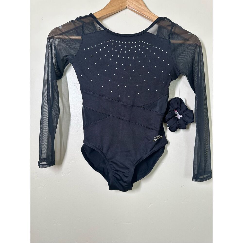🌸 Justice Black Rhinestone Front Long Sleeve Leotard Size Medium or 10